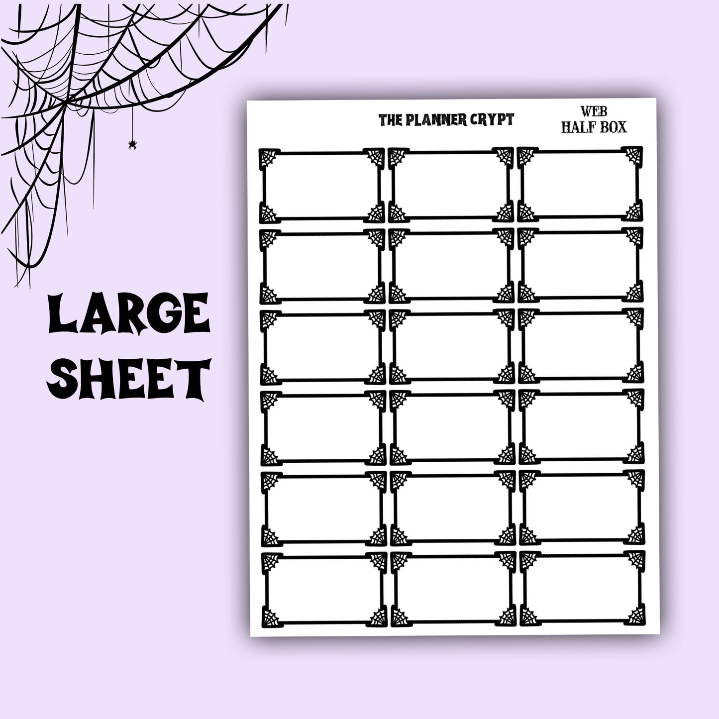 planner stickers, planner boxes, vertical planner, gothic planner, functional stickers, black and white, spiderweb stickers, header sticker