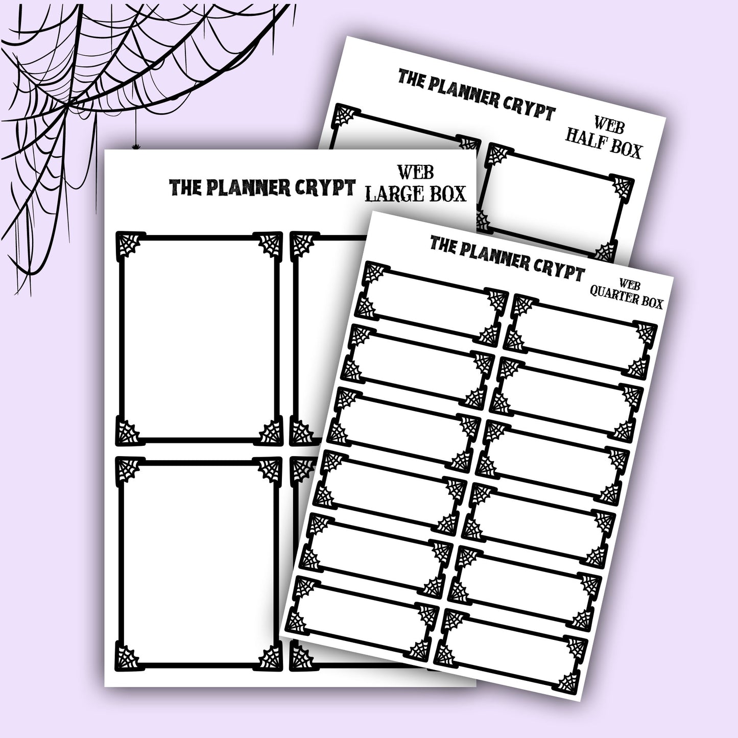 planner stickers, planner boxes, vertical planner, gothic planner, functional stickers, black and white, spiderweb stickers, header sticker
