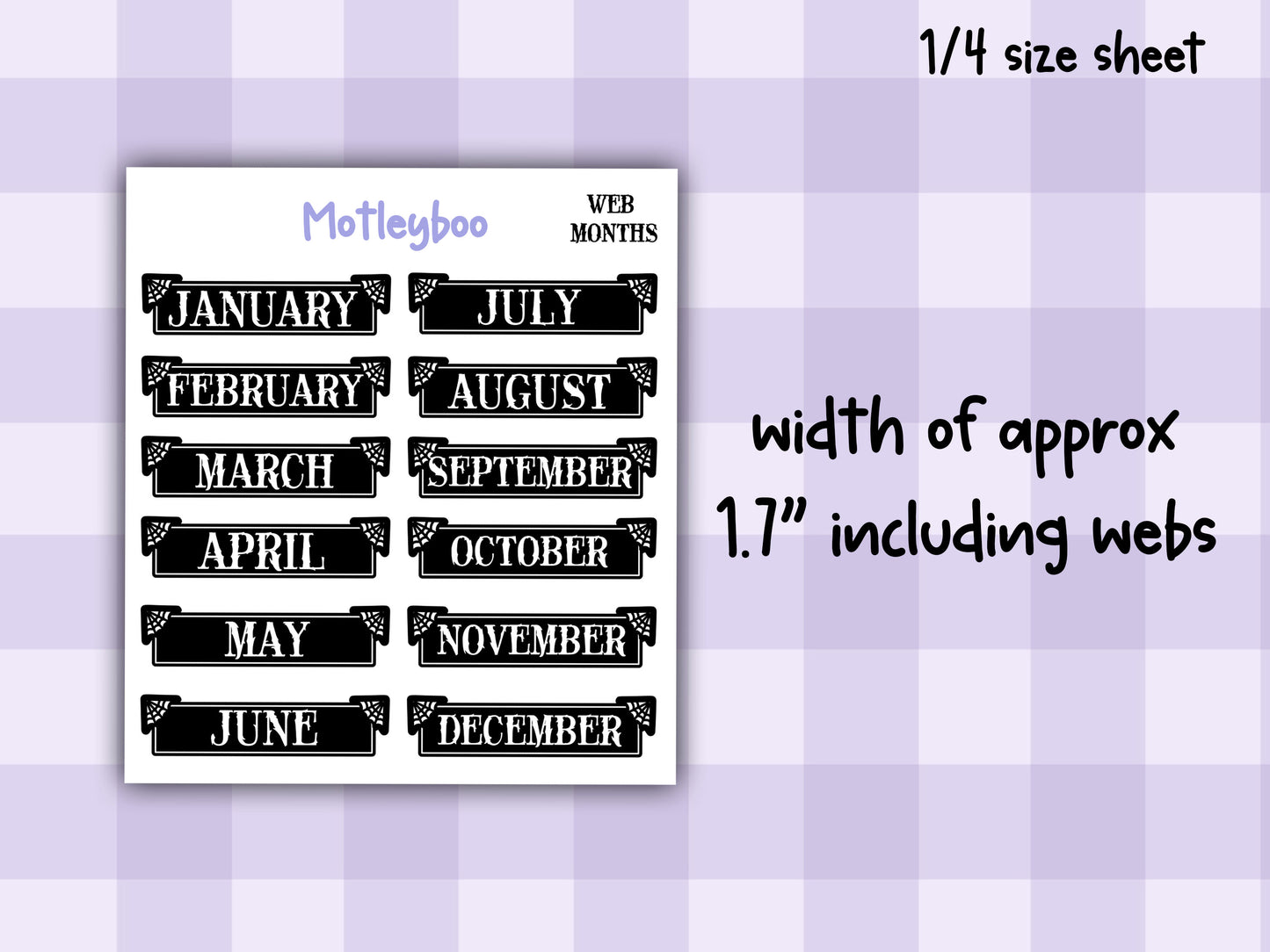 Gothic Planner Stickers, Monthly headers, Black and White, spiderweb collection