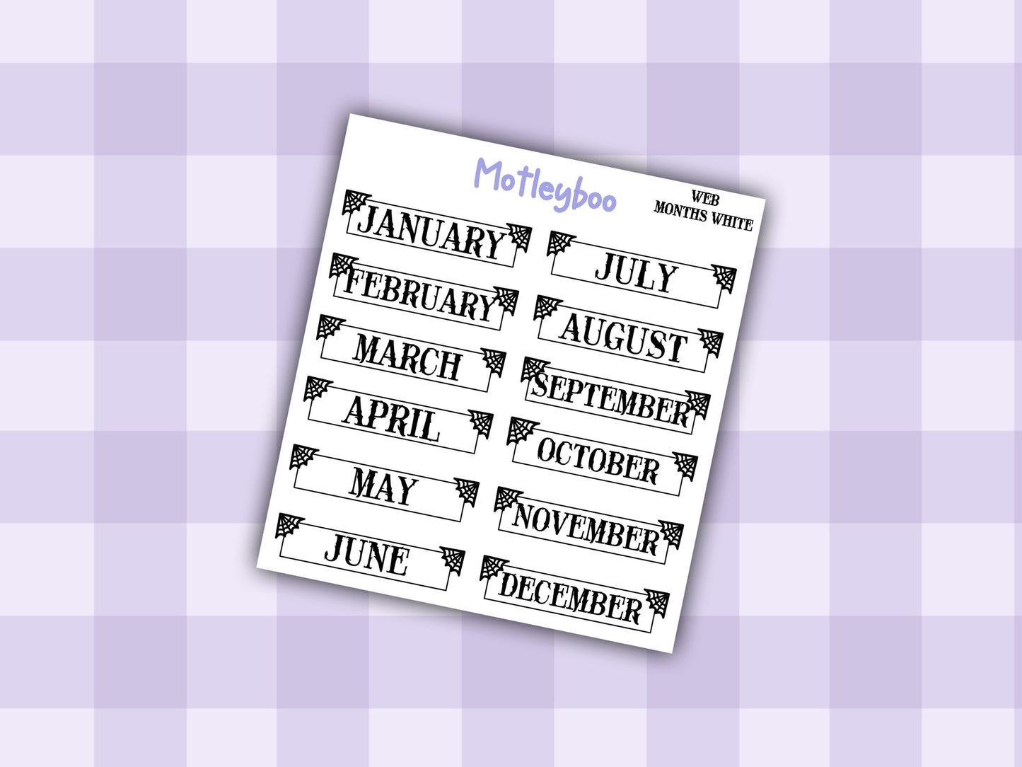 Gothic Planner Stickers, Monthly headers, Black and White, spiderweb collection