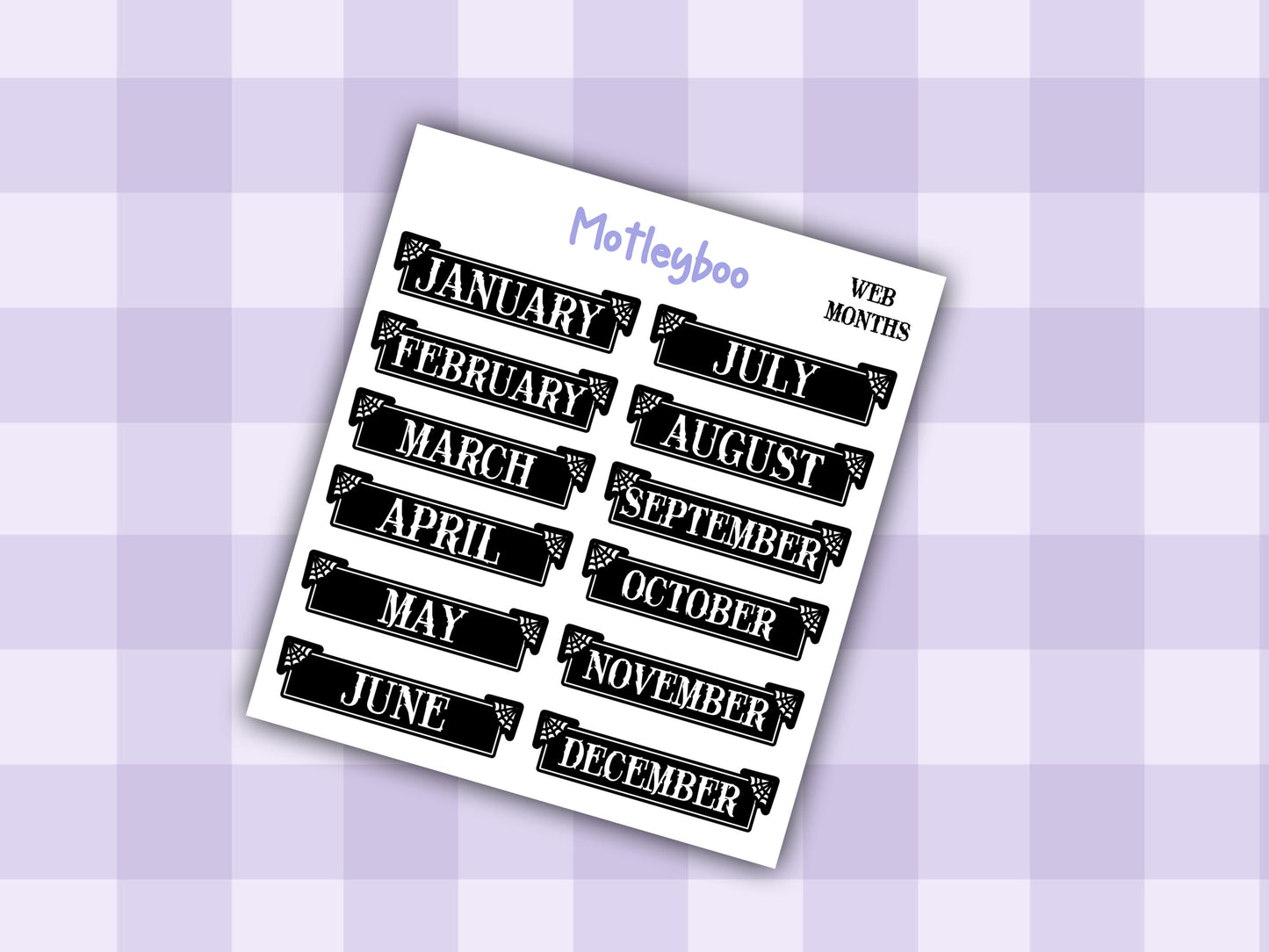 Gothic Planner Stickers, Monthly headers, Black and White, spiderweb collection