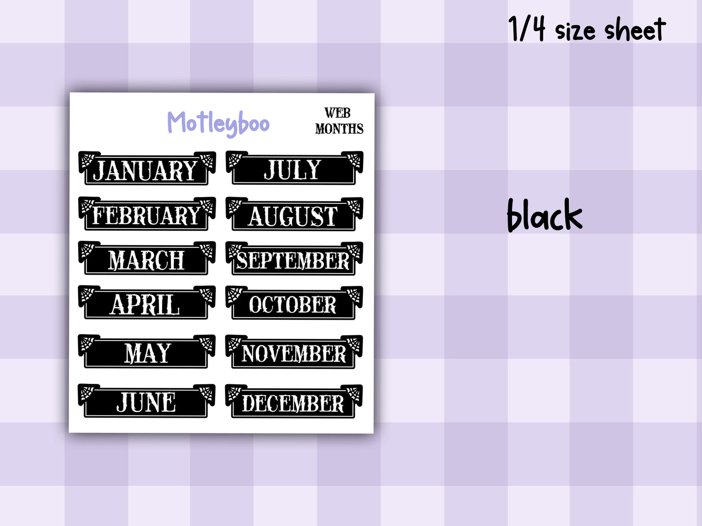 Gothic Planner Stickers, Monthly headers, Black and White, spiderweb collection