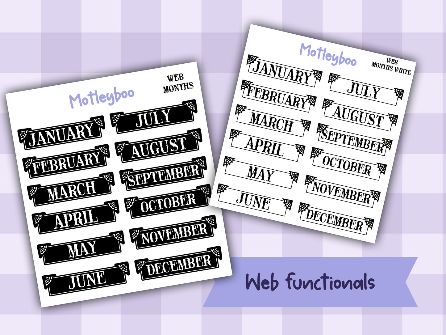 Gothic Planner Stickers, Monthly headers, Black and White, spiderweb collection