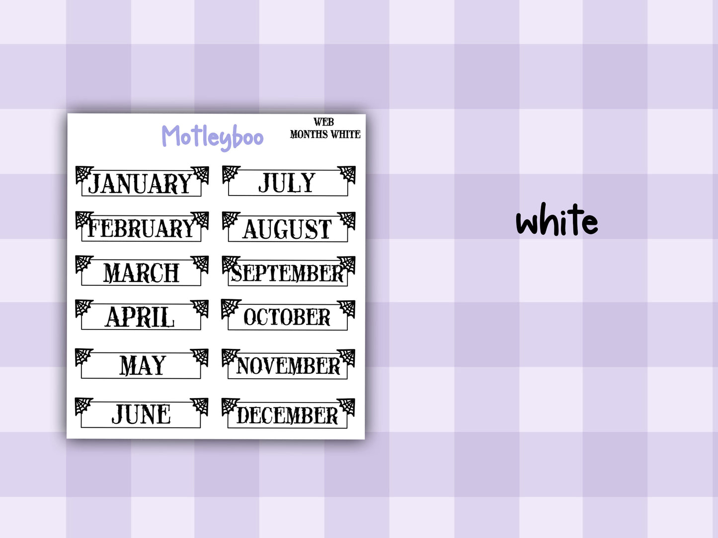 Gothic Planner Stickers, Monthly headers, Black and White, spiderweb collection