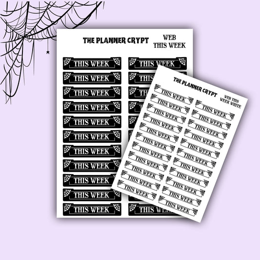 planner stickers, week stickers, vertical planner, gothic planner, functional stickers, black and white, spiderweb stickers, header sticker