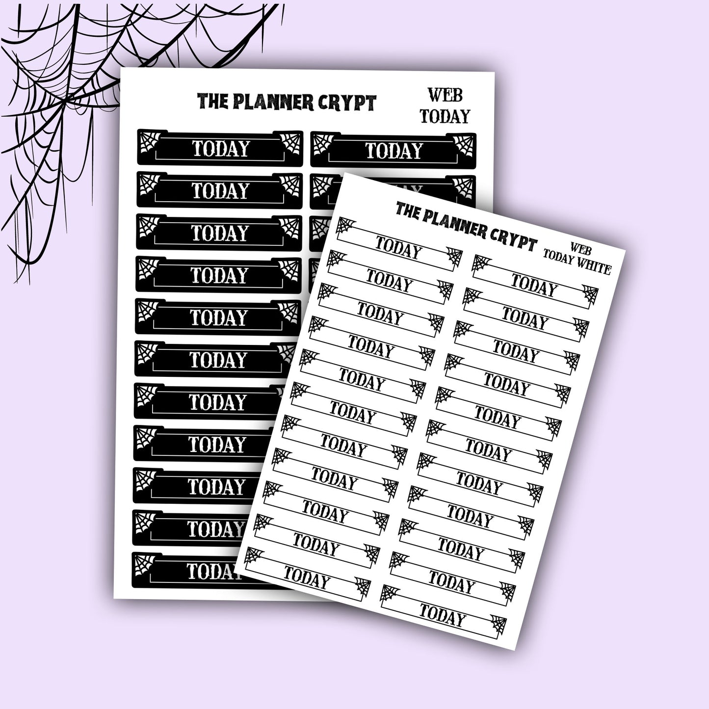 planner stickers, today stickers, vertical planner, gothic planner, functional stickers, black and white, spiderweb stickers, header sticker