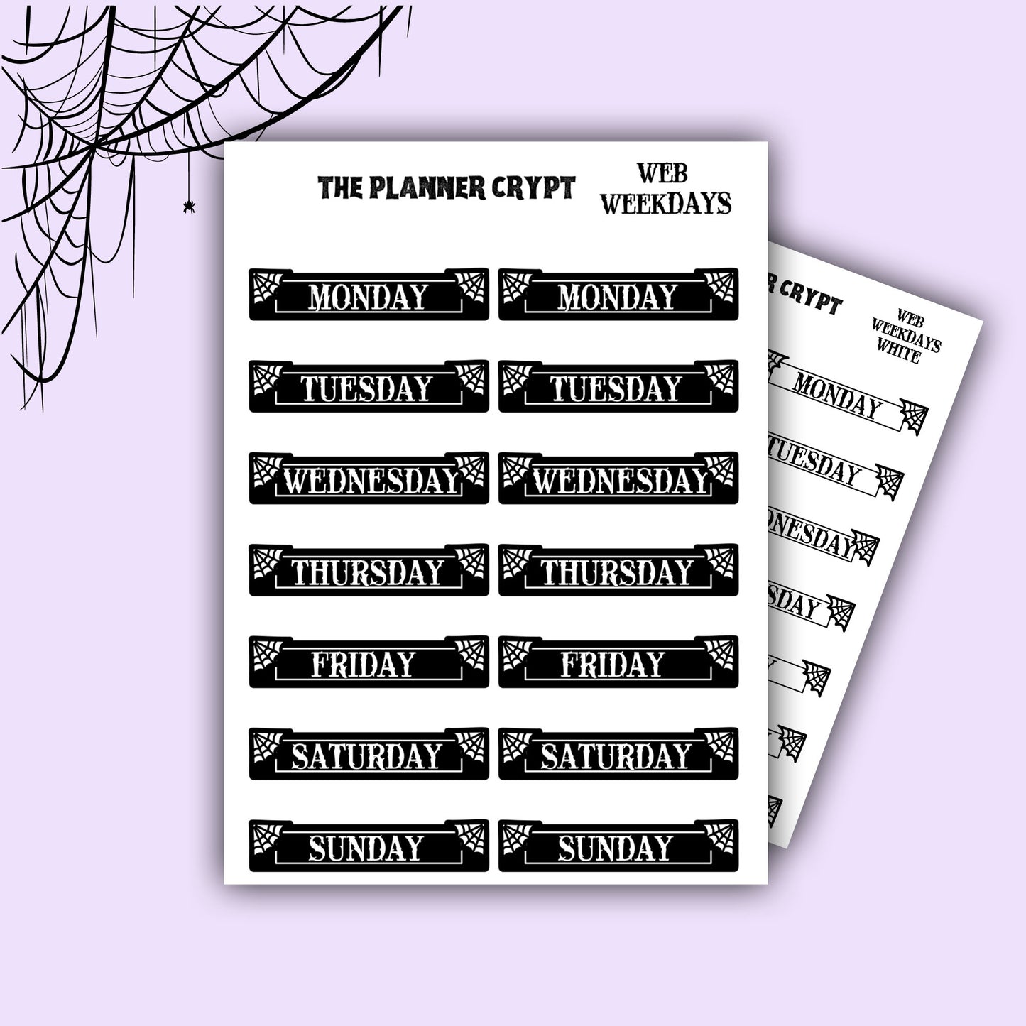 planner stickers, weekday stickers, vertical planner, gothic planner, functional stickers, black & white, spiderweb stickers, header sticker