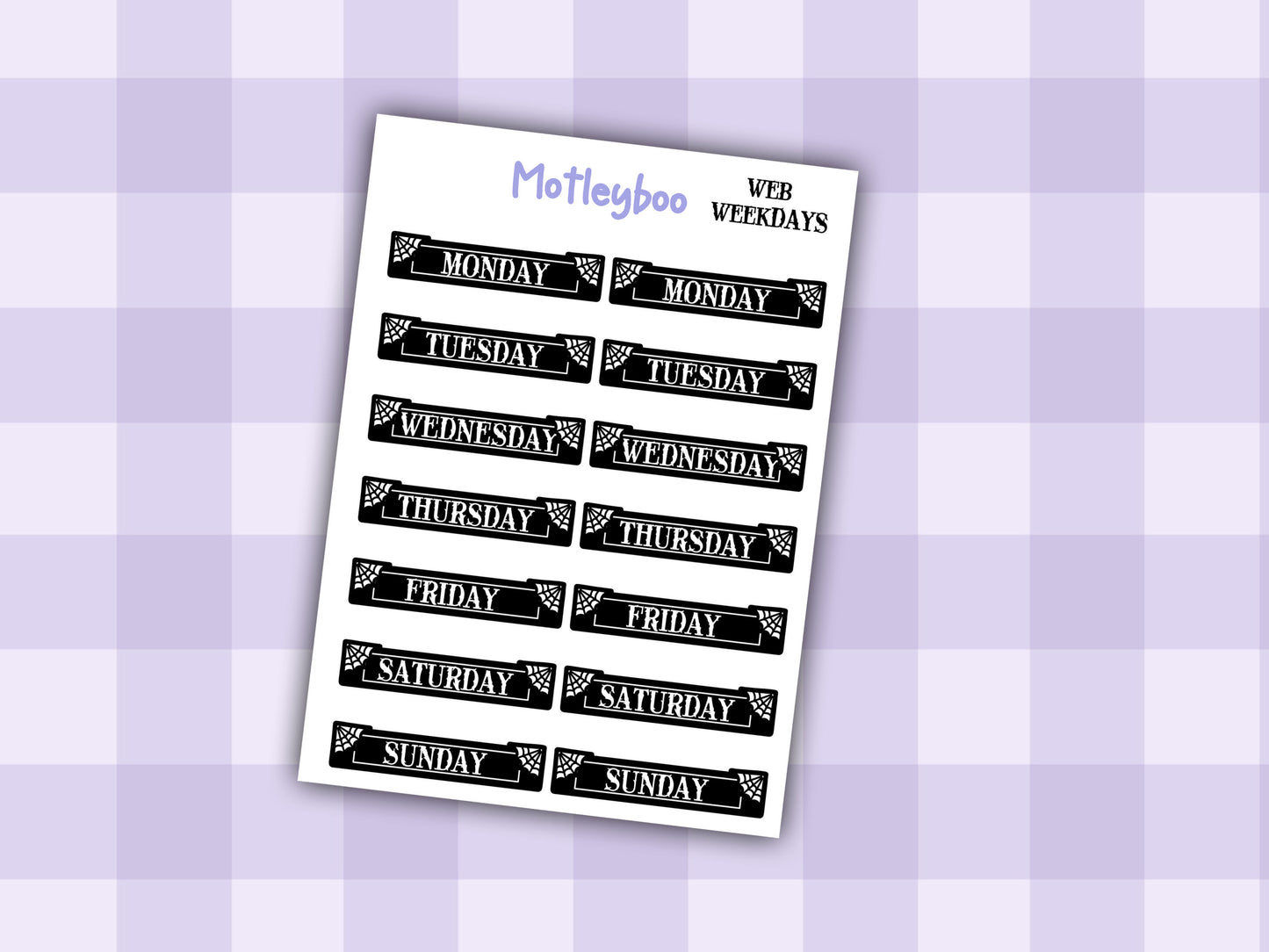 planner stickers, weekday stickers, vertical planner, gothic planner, functional stickers, black & white, spiderweb stickers, weekday headers