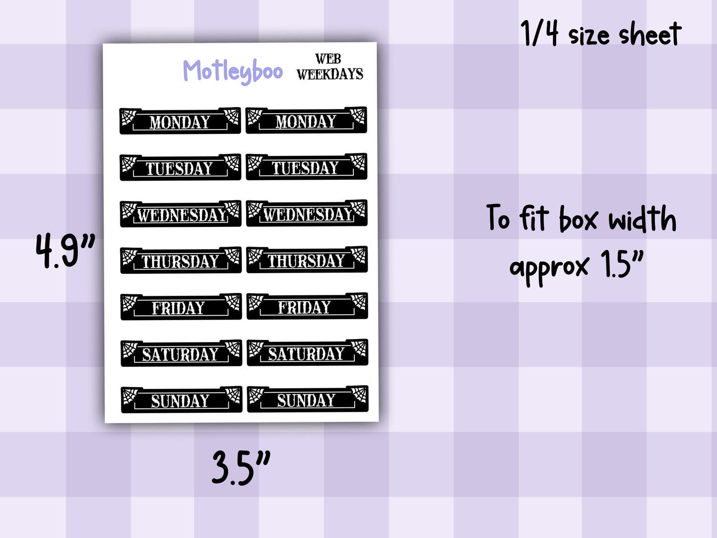 planner stickers, weekday stickers, vertical planner, gothic planner, functional stickers, black & white, spiderweb stickers, weekday headers