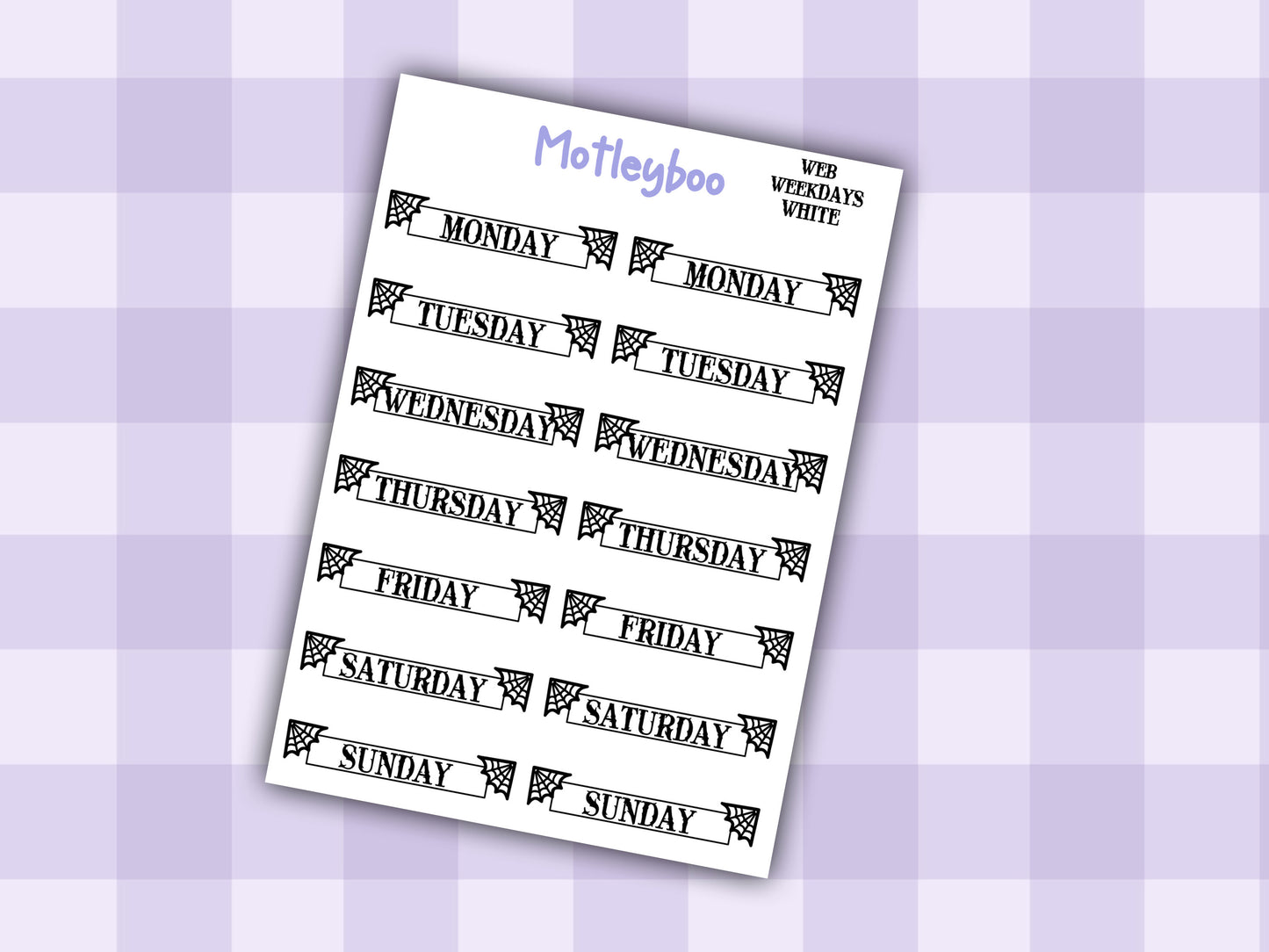 planner stickers, weekday stickers, vertical planner, gothic planner, functional stickers, black & white, spiderweb stickers, weekday headers