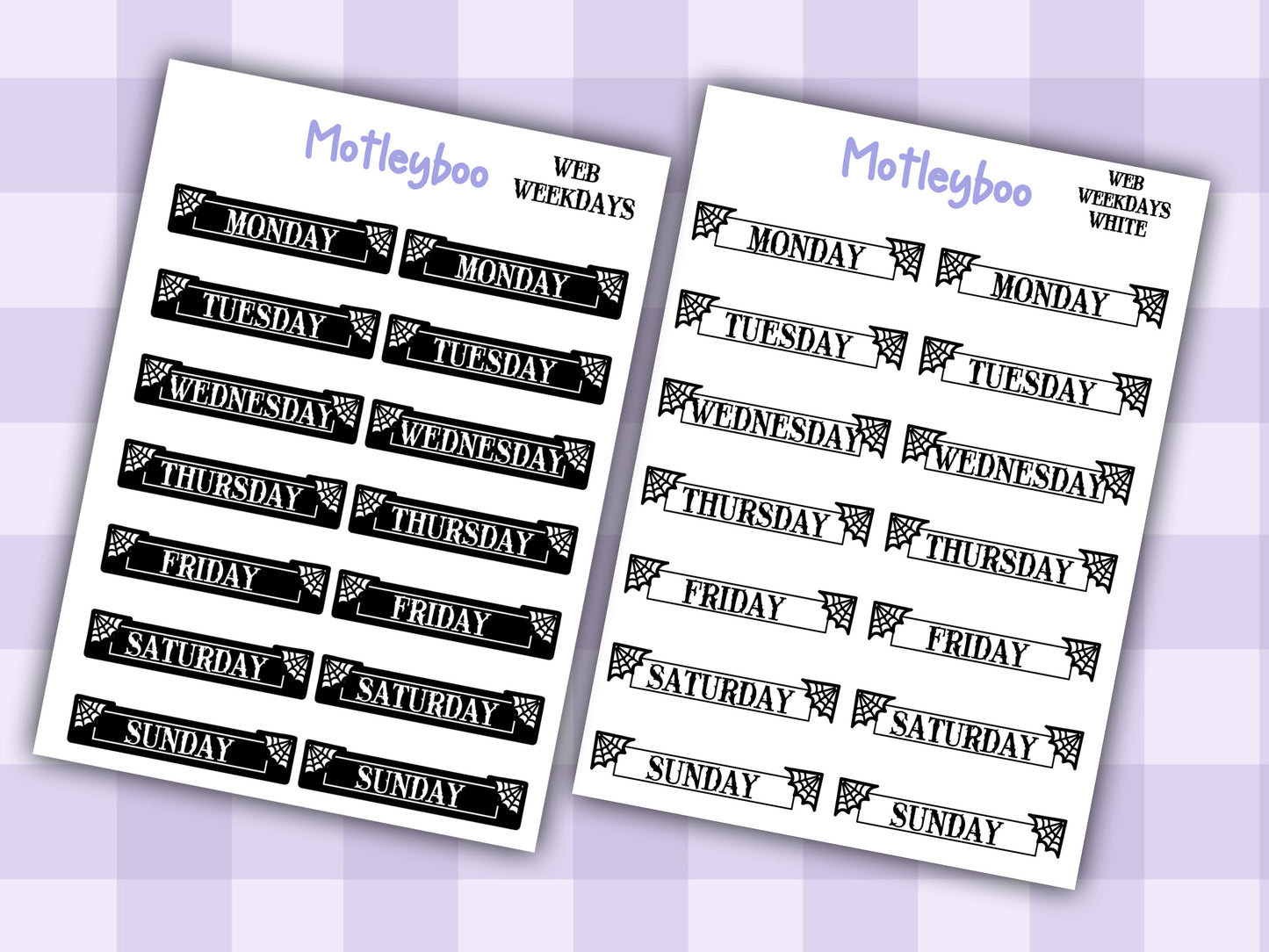 planner stickers, weekday stickers, vertical planner, gothic planner, functional stickers, black & white, spiderweb stickers, weekday headers
