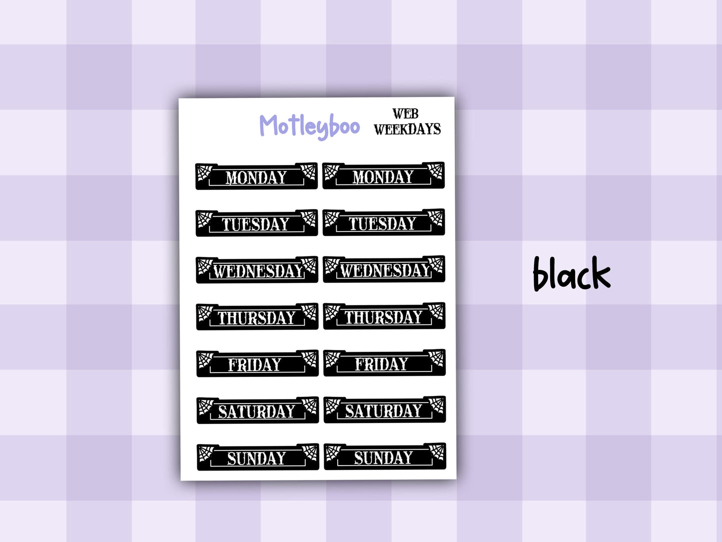 planner stickers, weekday stickers, vertical planner, gothic planner, functional stickers, black & white, spiderweb stickers, weekday headers