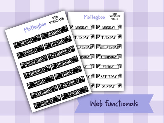planner stickers, weekday stickers, vertical planner, gothic planner, functional stickers, black & white, spiderweb stickers, weekday headers
