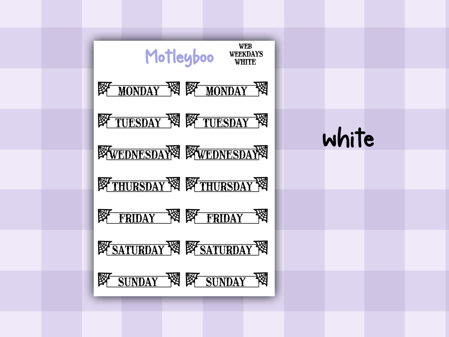planner stickers, weekday stickers, vertical planner, gothic planner, functional stickers, black & white, spiderweb stickers, weekday headers