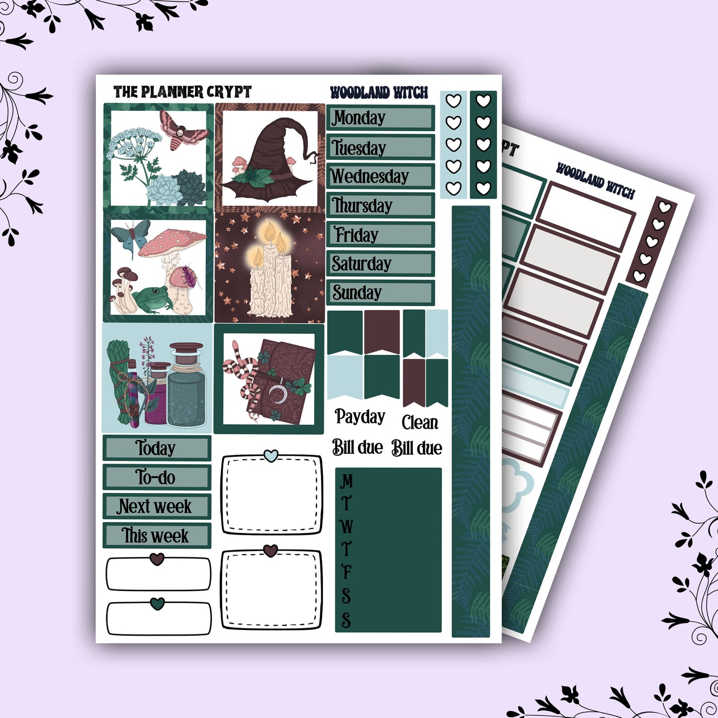 Hobonichi cousin weekly planner sticker kit, eitch planner, woodland witch